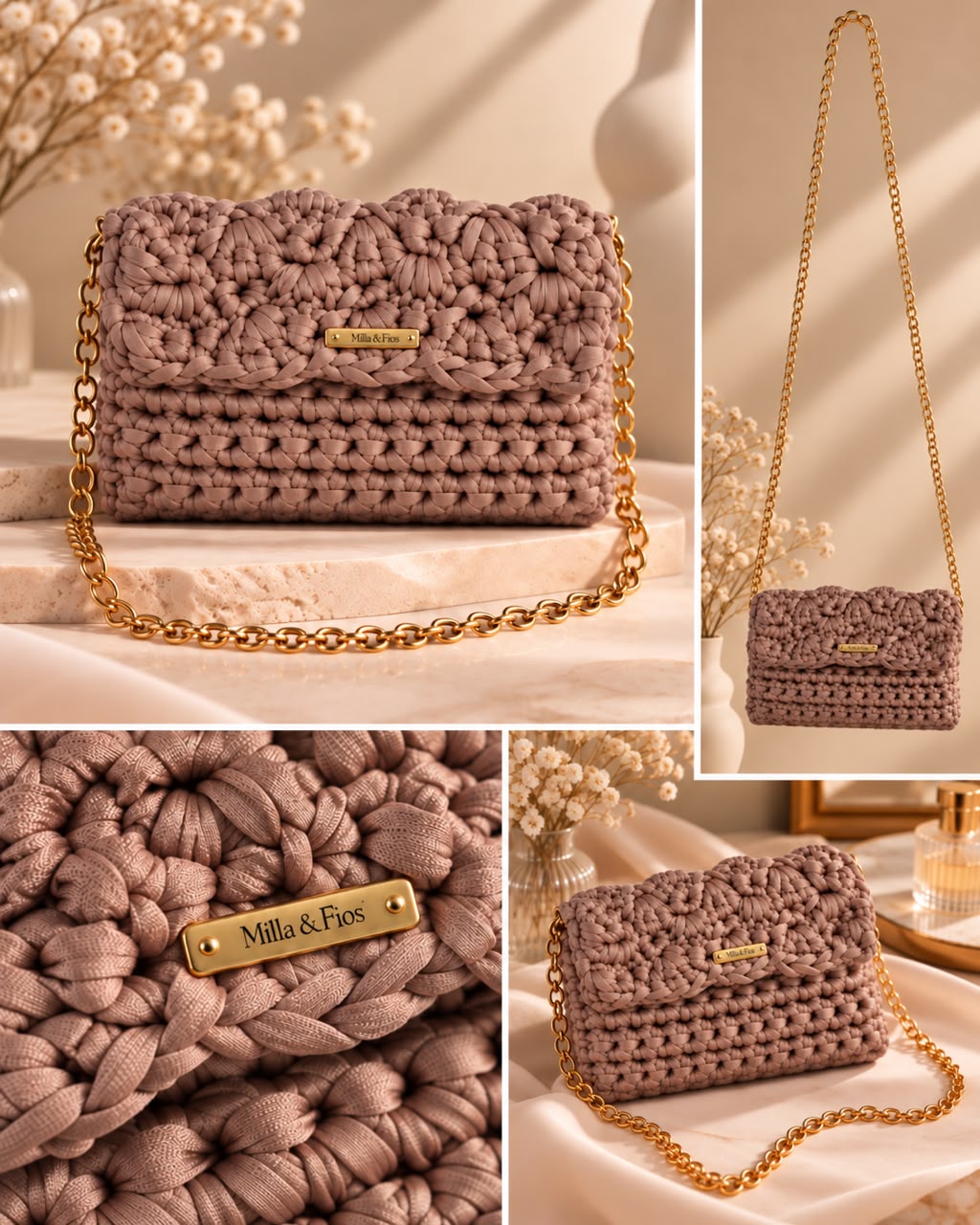 Bolsa mocha em diferentes ângulos, com detalhes da trama e da corrente dourada